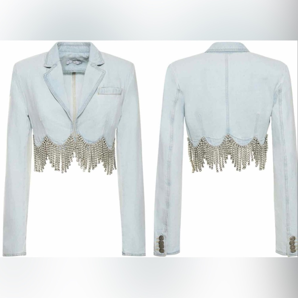 ⚡️⚡️AREA Scalloped Embellished Cropped Denim Jacket in Pale Blue, Size 4,NWT - Picture 5 of 17
